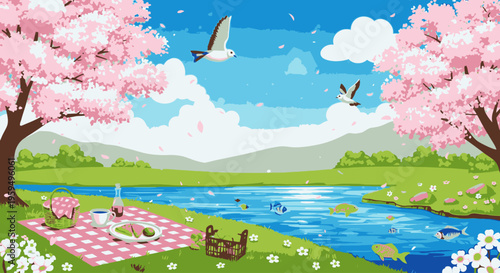 Illustration of a serene outdoor picnic scene with cherry blossom trees, a pond, and people relaxing on a blanket in a natural setting.