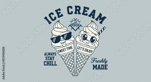Vintage Style Cute Ice Cream Cones Illustration with Funny Characters and Typography for T-shirt Design