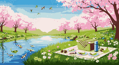 A serene outdoor picnic setup with a blanket, food, and a cooler under blooming cherry blossom trees beside a peaceful pond with ducks and lush greenery on a sunny day.