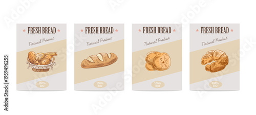 Hand drawn vintage bakery packaging set with bread labels baguette bun croissant product design templates collection