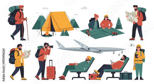 Travel and Outdoor Adventure Vector Illustration Set: Hiking, Camping, and Airport Travel Characters