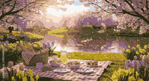 Serene outdoor picnic setup with a checkered blanket, plates, and a basket on a lush green grassy area surrounded by vibrant yellow flowers and blooming cherry blossom trees near a tranquil
