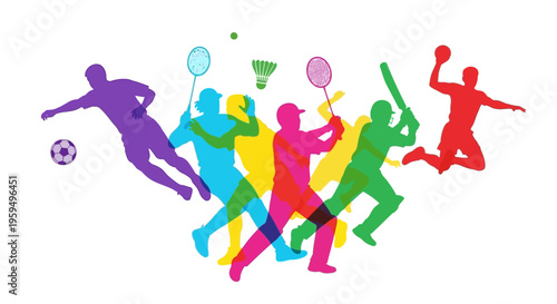 Colorful Multi-Sport Athlete Silhouettes Composition with Soccer, Cricket, Badminton, and Handball Players for Sports Fitness and Competition Concept