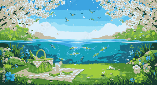 Serene lakeside picnic setup with a green basket and wine on a blanket surrounded by lush greenery and white cherry blossoms under a clear blue sky with flying birds.