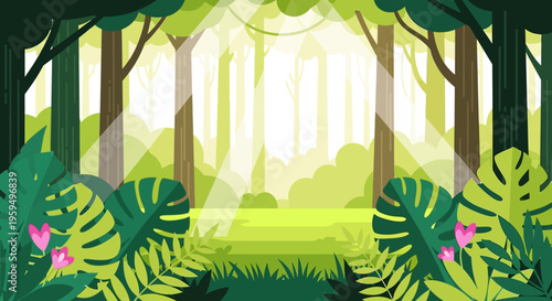 Stylized Tropical Jungle Illustration with Monstera Leaves and Sunbeams