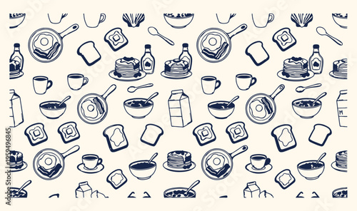Breakfast food and morning coffee doodle, hand drawn pancakes and toast pattern, healthy breakfast menu sketch background, kitchen cooking and cafe restaurant icons, delicious morning meal vector line