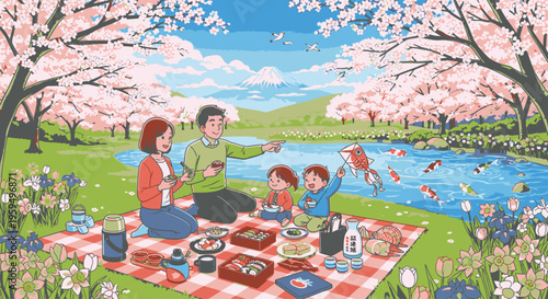 Illustration of a family having a picnic on a blanket in a park with cherry blossoms and a serene lake in the background on a sunny day.