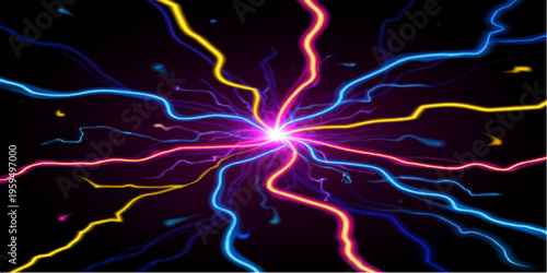 An abstract blue and light background featuring glowing lines of fire and energy waves creates a fractal art design with motion swirls and electric lightning patterns on a dark space backdrop