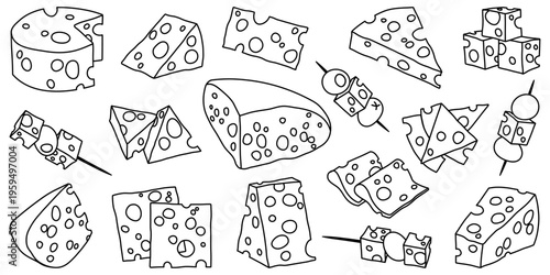 Hand drawn cheese set in line art style. Vector doodles for coloring book or design.