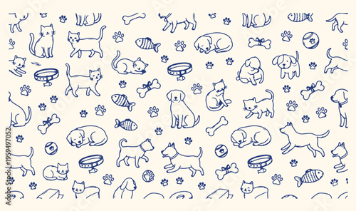 Cute pets and domestic animals doodle, hand drawn dogs and cats pattern, puppy and kitten playing sketch background, animal care and pet shop icons, playful domestic pets vector line art, veterinary c