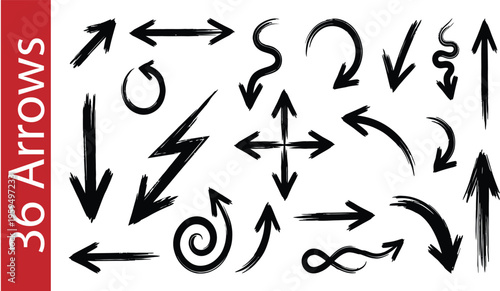 Hand drawn set of black vector alphabet letters and doodle arrow icons featuring a sketch design for web direction signs and font symbols