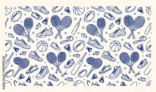 Sports and fitness equipment doodle pattern, healthy lifestyle and athletic gear sketch, tennis and basketball hand drawn icons, gym workout and training vector background, active recreation and exerc