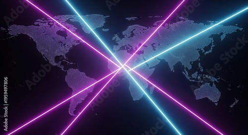 Neon purple ice blue light streaks, diagonal composition, world map silhouettes, cinematic contrast, sleek economy trend visualization.