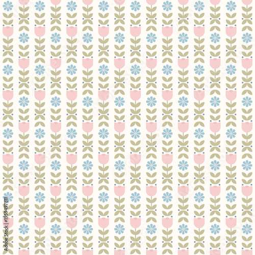 Seamless Scandinavian floral pattern with tulips and flowers in soft pastel Nordic minimalist style