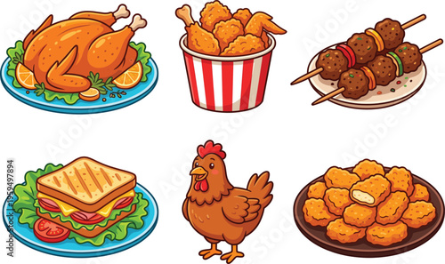 Fried chicken set with roasted whole chicken, nuggets, sandwich, and grilled meat skewers flat vector,