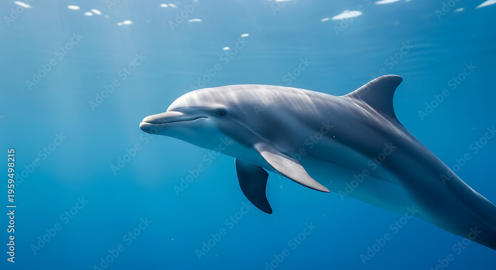 Obraz premium A majestic dolphin glides through the clear blue ocean water, illuminated by sunbeams