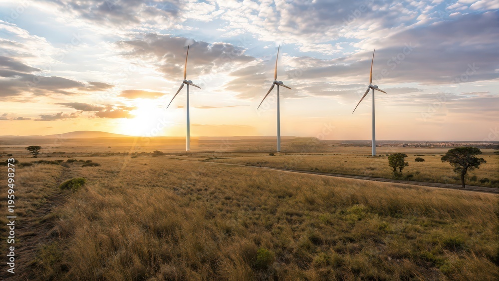 Obraz premium Wind turbines in dry grassland at sunset, renewable energy generation in rural landscape, sustainable power concept, eco friendly electricity production, climate change solution