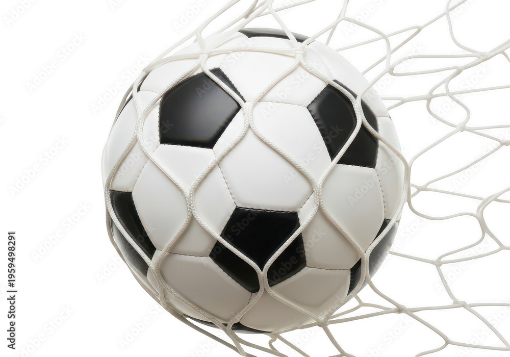 Fototapeta premium A classic black and white soccer ball partially submerged in a net on transparent background
