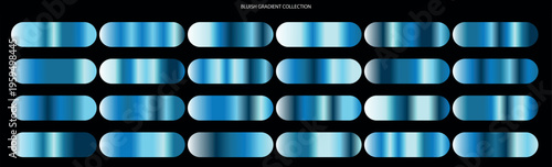 Blue gradient collection with 24 metallic swatches, shiny azure chrome texture set, professional vector color palettes for UI design and web buttons