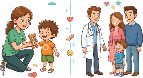 Cartoon vector illustration of pediatric healthcare with doctors, happy children, and parents in a friendly clinic
