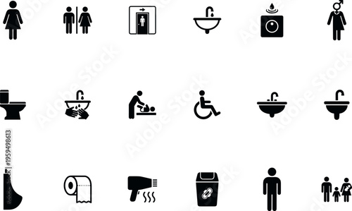 Public restroom and bathroom facility icons set with men women wheelchair accessibility sink toilet baby changing hygiene and wc signage symbols on transparent background