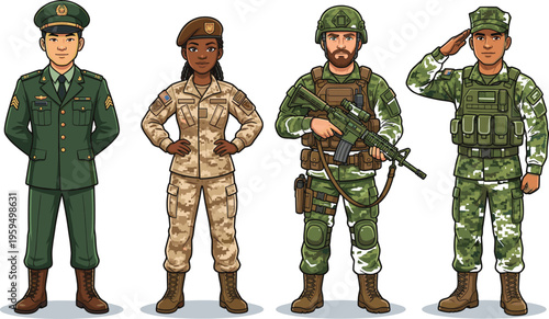 Diverse military soldiers in various uniforms including camouflage combat gear and formal dress uniform vector illustration
