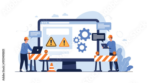 Engineering team performing professional website maintenance and fixing technical software errors on a large computer monitor.