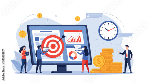Strategic business management dashboard with a target, clock, money, and team members analyzing data reports.