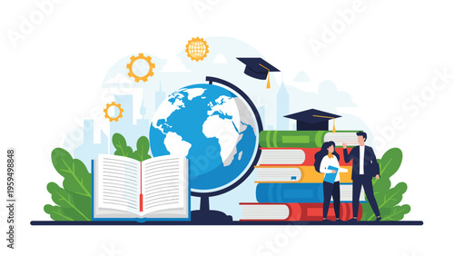 Global education concept featuring students, books, a globe, and graduation caps against a city silhouette.