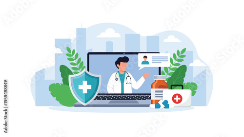 Online doctor consultation and telemedicine services concept with physician on laptop screen and medical insurance shield icon.