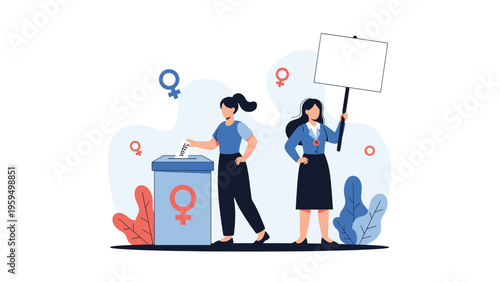 Women's voting rights concept with two females at a ballot box and holding a protest sign with female symbols.