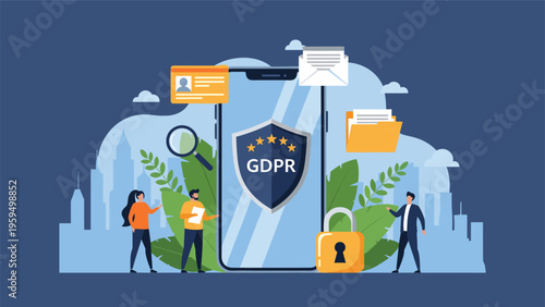 GDPR compliance concept featuring people near a giant smartphone with a security shield and data lock icons.