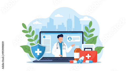 Telemedicine service concept showing a doctor on a laptop screen with a medical kit and healthcare symbols.