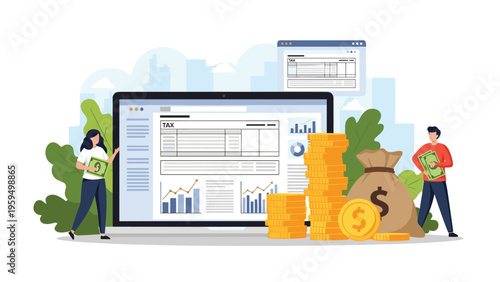Tax preparation and financial management concept with people near a laptop displaying a tax form and coins.
