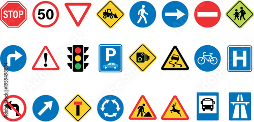 traffic road sign icon set with warning direction arrow safety transportation regulation symbols including stop speed pedestrian bicycle parking and navigation illustration on transparent background