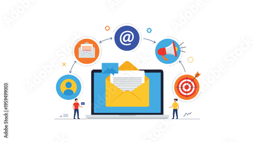 Email marketing and digital outreach concept with a laptop showing an open envelope and a cycle of marketing icons.