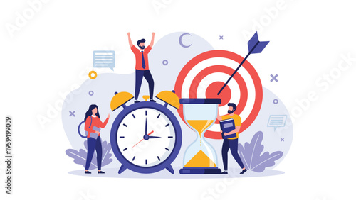 Time management and business goal achievement concept with people working around a large clock, hourglass, and target.