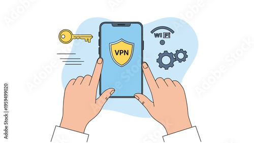 Virtual private network and mobile data security concept with hands holding a smartphone displaying a VPN protection shield.