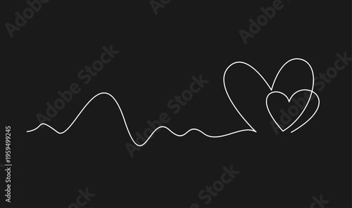 Continuous heartbeat waveform line evolving into two interconnected hearts, symbolizing love and relationships on a minimalist black background.
