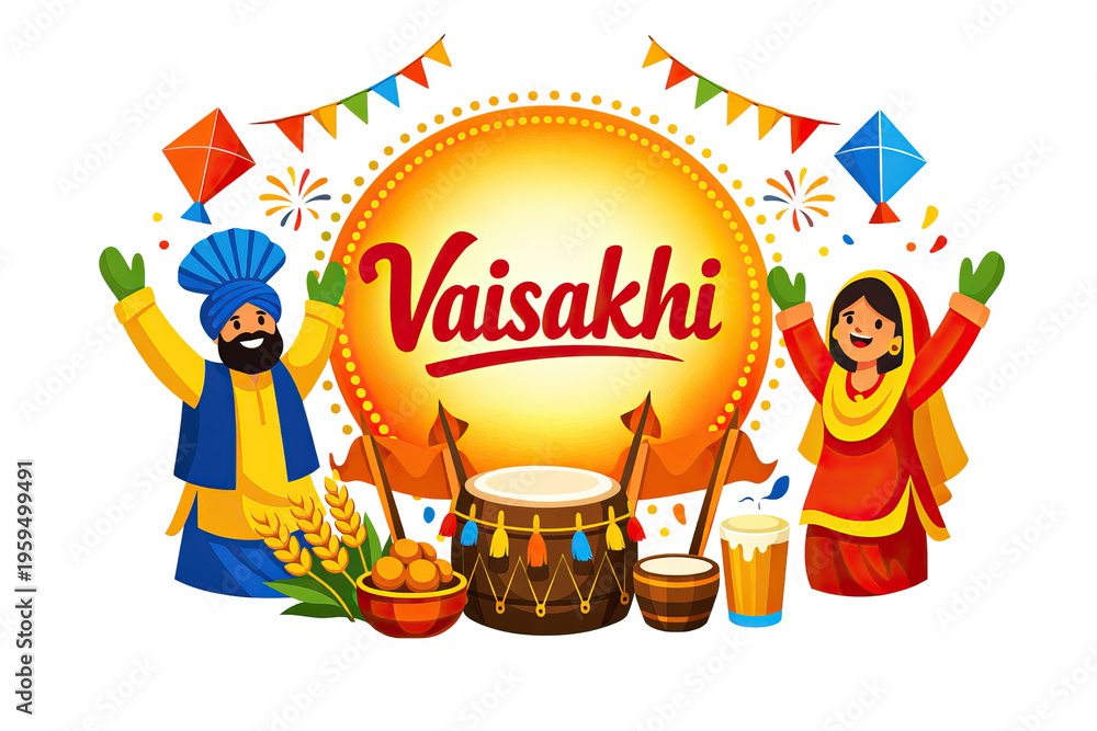 Naklejka premium Vaisakhi festival celebration illustration, Punjabi harvest festival banner with dhol drum and wheat, happy Sikh couple celebrating Baisakhi isolated PNG with Transparent Background