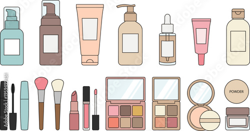 Flat vector illustration set of beauty products and makeup cosmetics with pastel containers isolated on white