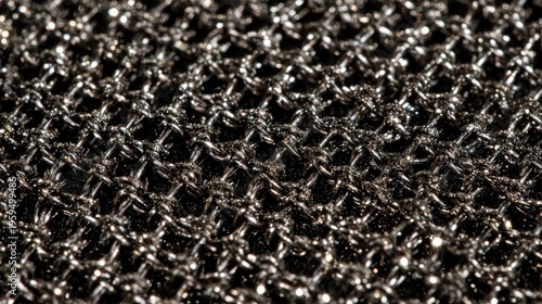 Macro photograph captures the intricate, interlocking pattern of shiny metallic meshwork against a dark background.