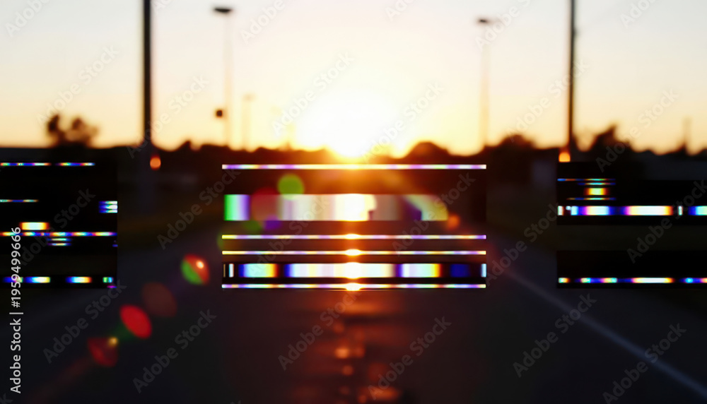Fototapeta premium a road at sunset, with sunlight streaming down the asphalt road. Bright lens flares and distorted visuals create a surreal effect near the horizon.