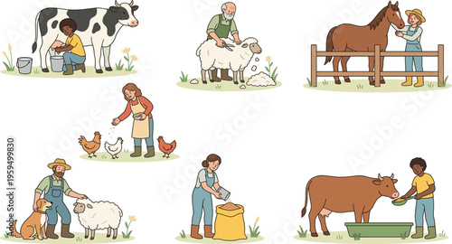 Flat vector illustration set of farm workers tending to animals including milking cows and shearing sheep