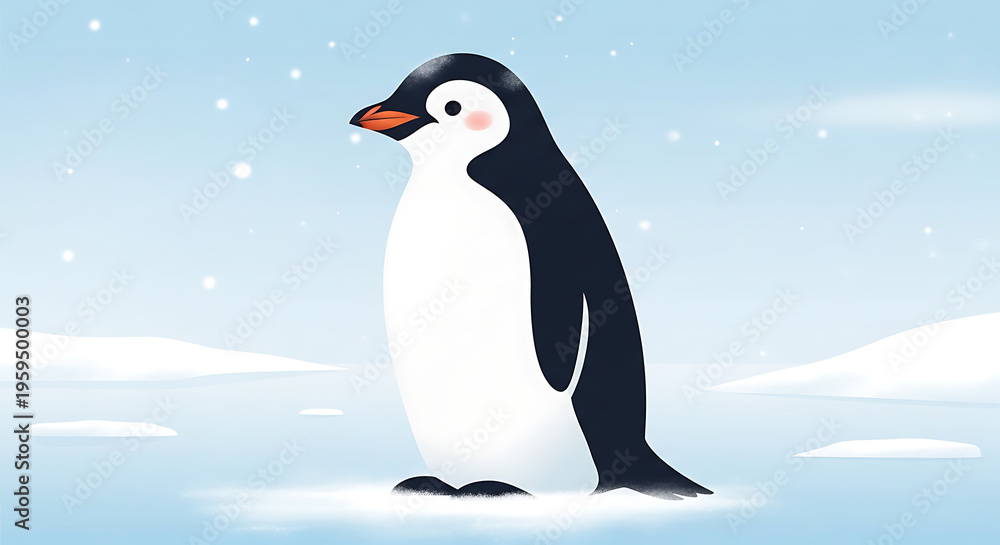 Obraz premium Charming animated penguin stands gracefully in a serene snowy landscape, a delightful cartoon depiction of arctic wildlife amidst a winter wonderland