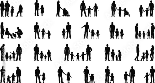 Vector silhouettes set of diverse families with children and parents in various poses