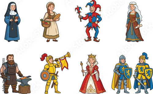 Vector cartoon set of medieval characters including knights queen jester blacksmith and village people