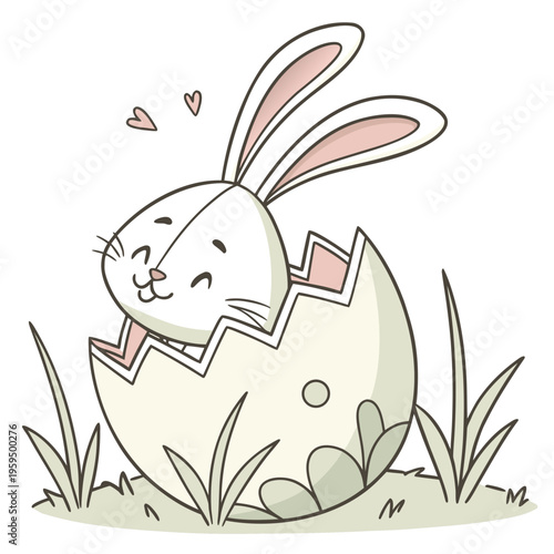 A cute cartoon bunny emerges from a cracked egg in the grass with hearts above its head