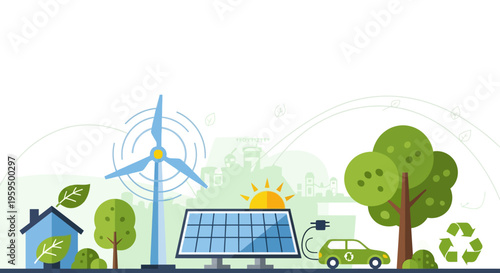 Eco friendly energy, sustainable power, green technology, renewable resources, solar panel, wind turbine