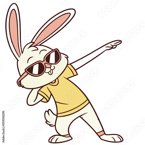 A cartoon rabbit wearing sunglasses and a yellow shirt is striking a pose in a fun and playful illustration.
